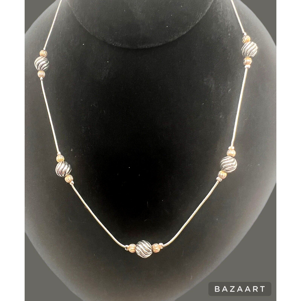 Vintage Korea Rhodium Silver Chain Necklace W/ Gold Brass & Silver Swirl Beads